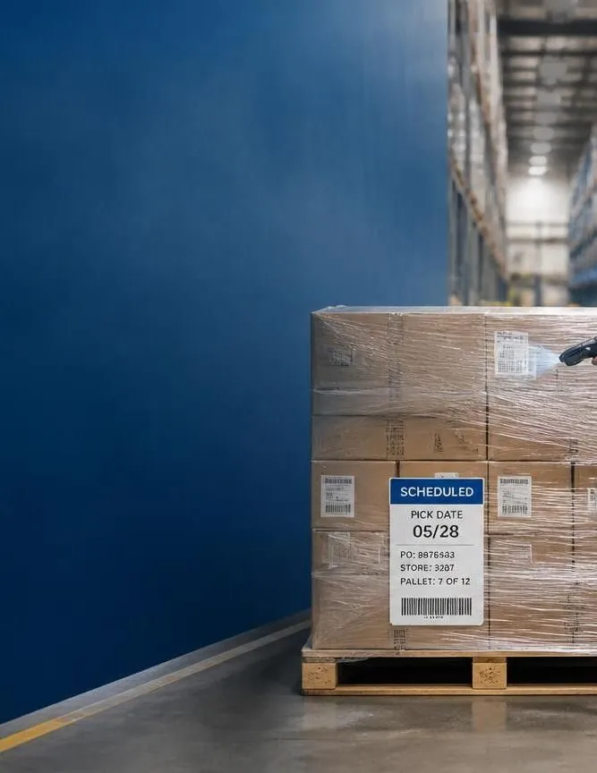 Wrapped pallet with a scheduled pick-date label in a warehouse