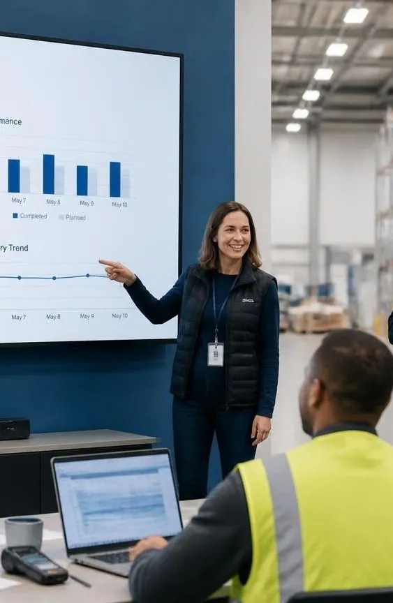 Operations lead presenting delivery performance charts to the warehouse team