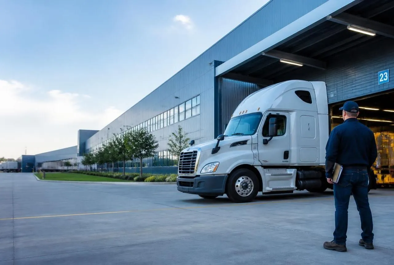 Truck at a distribution centre loading dock with a dock worker