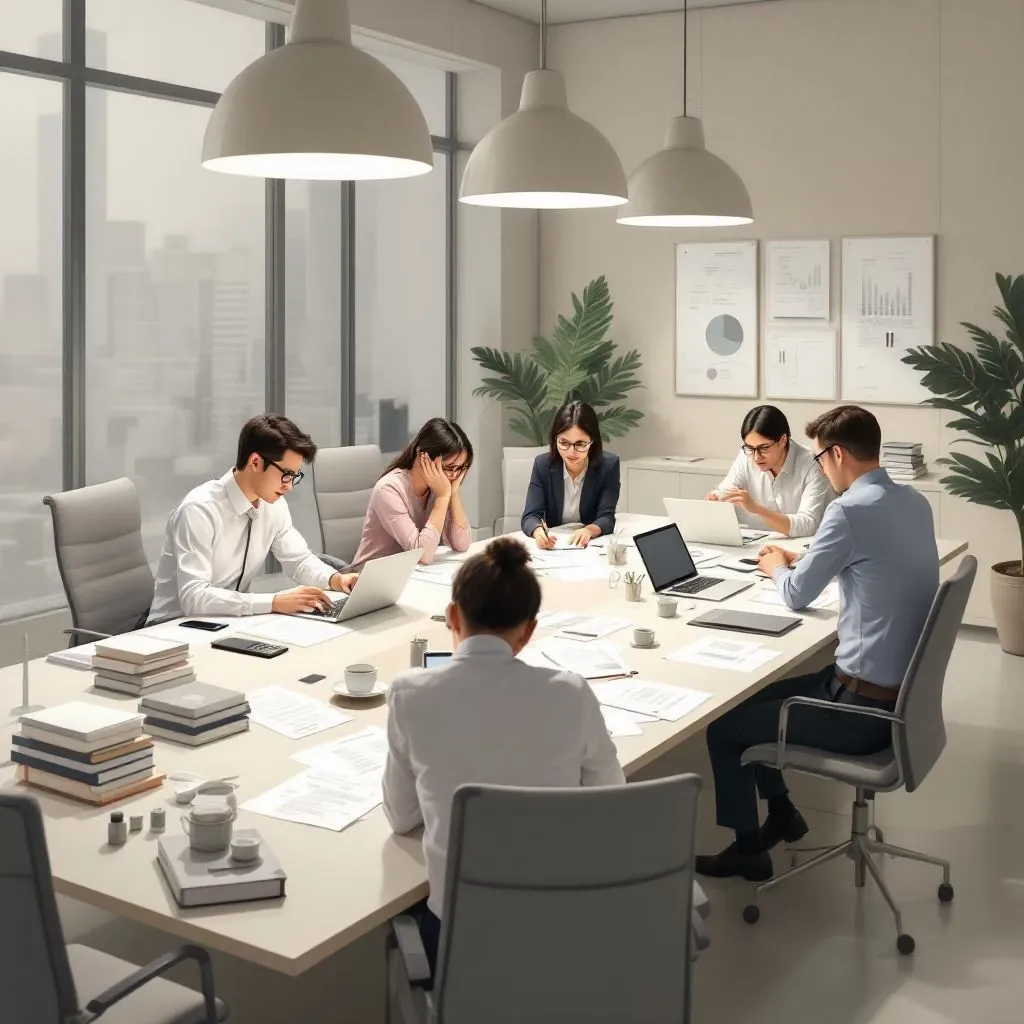 A team buried in paperwork and spreadsheets around a meeting table