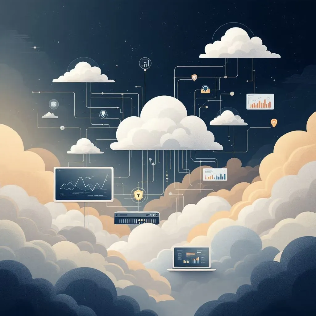 Illustration of cloud services connected to dashboards and devices