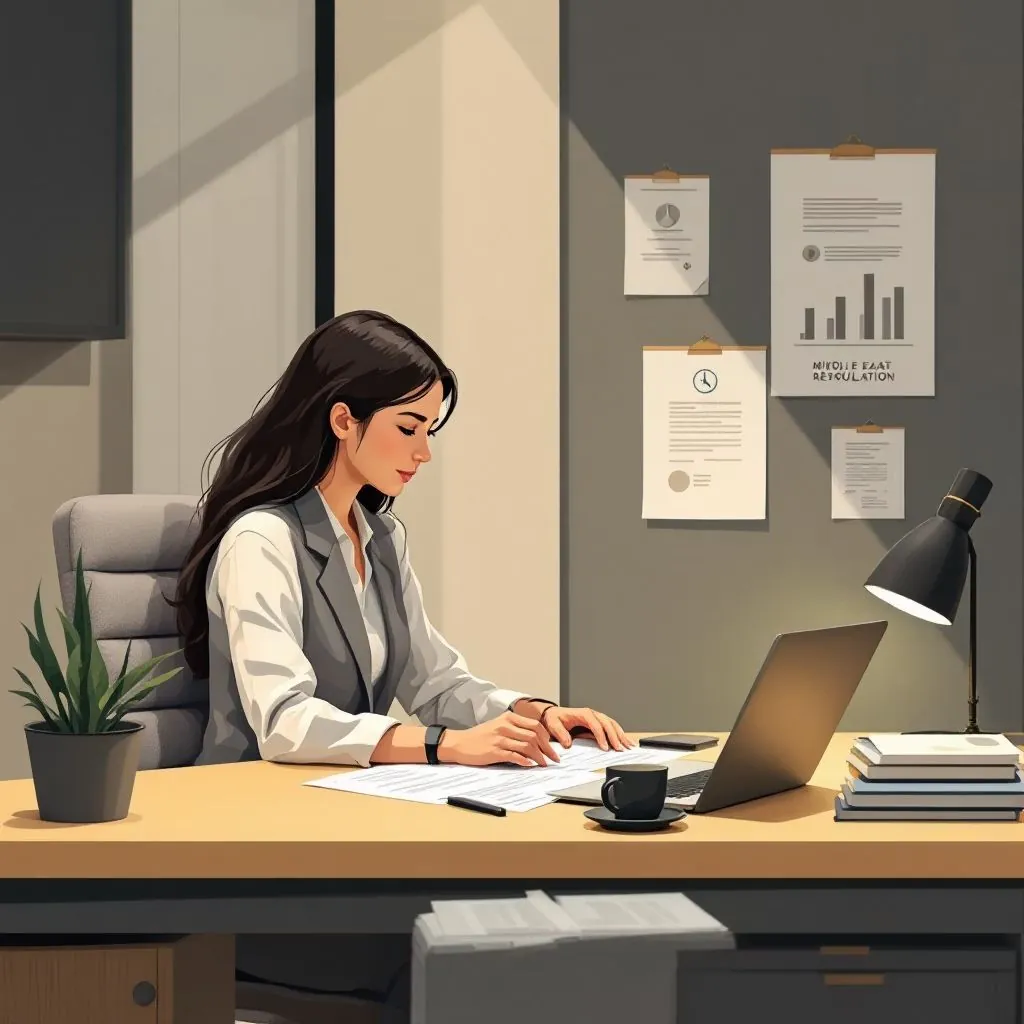 Payroll officer reviewing regulation notices pinned above her desk