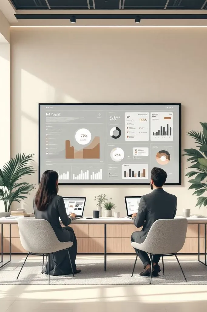 Two HR colleagues reviewing a workforce dashboard on a wall screen