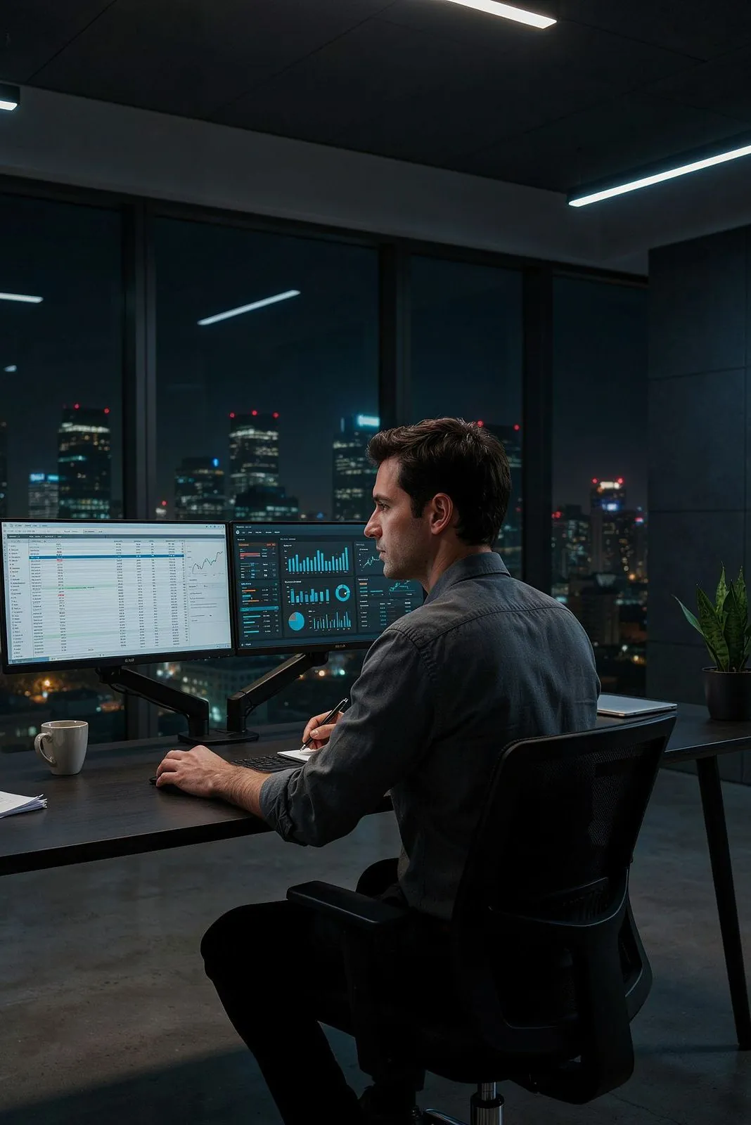 Finance analyst reviewing lease dashboards at night