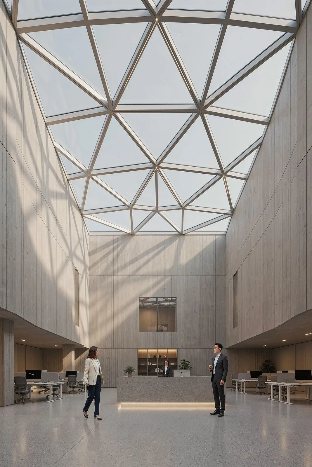 Bright office atrium under a glass roof