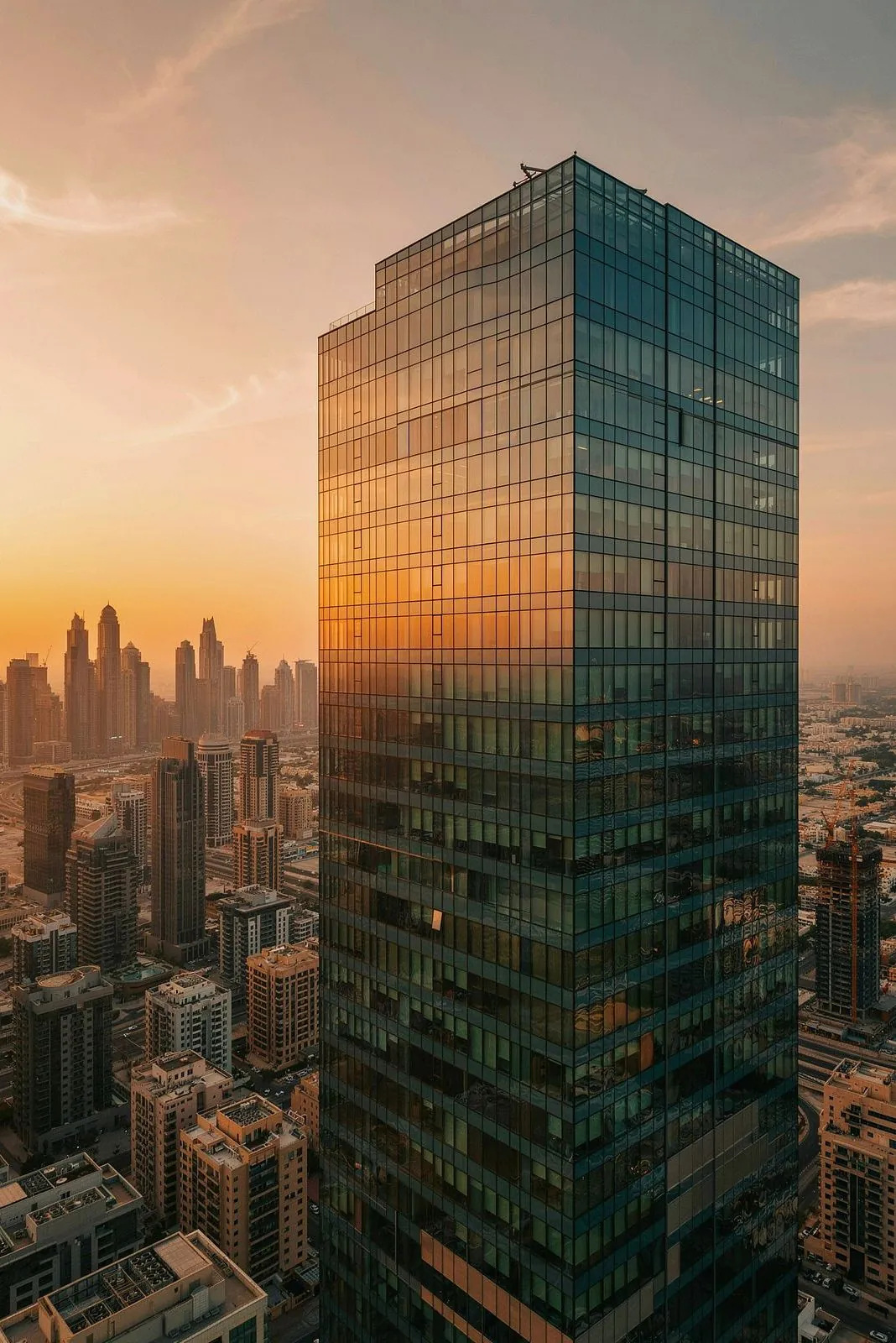 Glass office tower over a city skyline at sunset